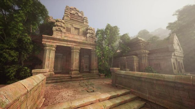 The ruins of an ancient temple emerge from the jungle mist, revealing intricate stonework and time-worn structures slowly reclaimed by nature.