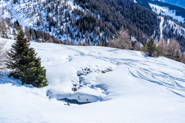 Winter landscape with snow covered Dolomites in Kronplatz, Italy