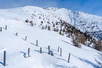 Winter landscape with snow covered Dolomites in Kronplatz, Italy