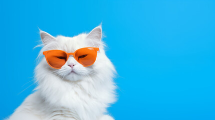 Stylish white angora cat, orange sunglasses on a blue background, copy space - obrazy, fototapety, plakaty