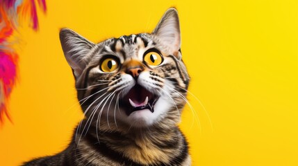 Fototapeta premium A close-up of a cat's head with a surprised muzzle and wide-open eyes on a yellow background. Funny cat.