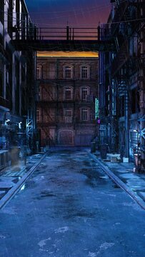 Vertical 3D rendered animation of a dystopian future cyberpunk city street at night. Heavy rain is falling.
