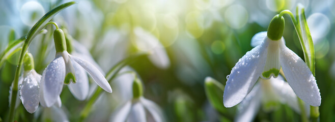 Spring Snowdrops on bokeh background in sunny garden . - obrazy, fototapety, plakaty