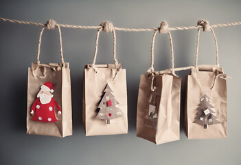 Handmade advent calendar Gift bags hanging on the rope Eco friendly Christmas gifts diy