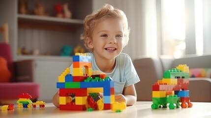 Young Boy Smiling Proudly With Colorful Building Block Creations Indoors