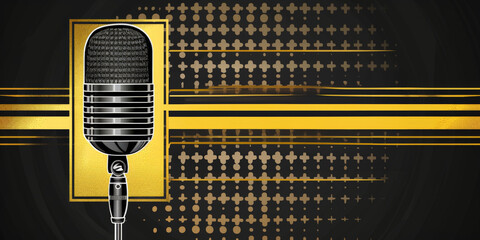 illustration "Podcast" text. Black and yellow and gold background for product, microphone,  empty space for text banner.