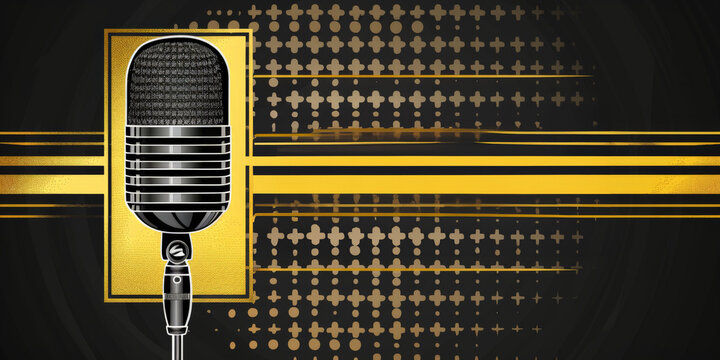 illustration "Podcast" text. Black and yellow and gold background for product, microphone,  empty space for text banner.