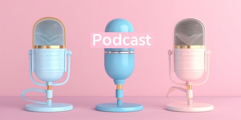 illustration "Podcast" text. Pink and blue and gold vintage background for product, for holiday , microphone, with empty space for text or greeting card design. Postcard, banner. poster.