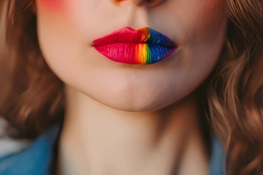 Close-up of lips painted in vibrant rainbow colors, showcasing creative makeup artistry against a soft-focus background.