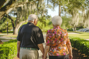 Happy elderly seniors couple holding hands walking in park