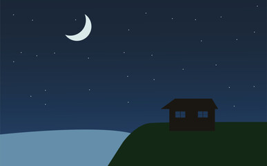 Fototapeta premium nature illustration with a house on a mountain under the half moon