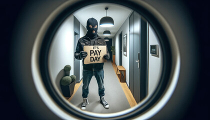 View through a door peephole of a person in a ski mask holding a sign saying "IT'S PAY DAY", in a modern hallway.