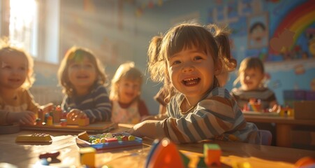 Beautiful Little Girl Smiling with Pigtails Playing in the Nursery with Her Classmates and Toys,...