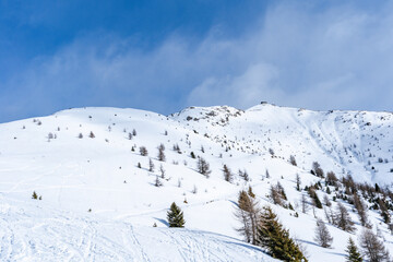 Winter landscape with snow covered Dolomites in Kronplatz, Italy