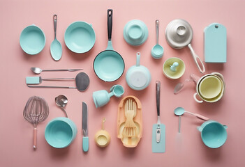 Pastel color kitchen utensils top view