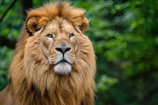 A regal lion with a lush mane looks intently ahead, set against a blurred green foliage background.