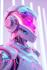 3d Portrait of an android. Light background with pink and purple. FRobotic concept. Fashion style image. For design, banner, advertisement, promo, cover, poster, flyer, invitation