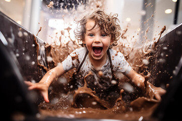 smiling child playing in a bathtub full of creamy chocolate Easter dessert