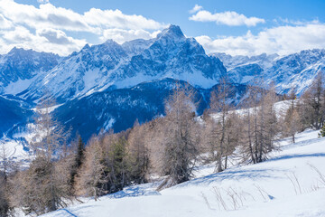 Winter landscape with snow covered Dolomites in Kronplatz, Italy