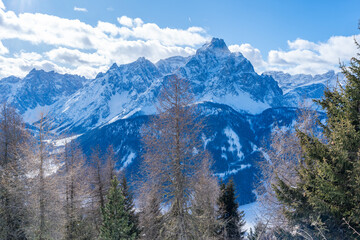 Winter landscape with snow covered Dolomites in Kronplatz, Italy