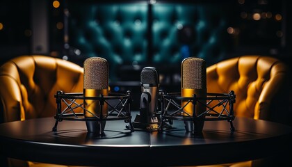 Podcast setup with chairs, microphones on dark background for media conversations or streamers.