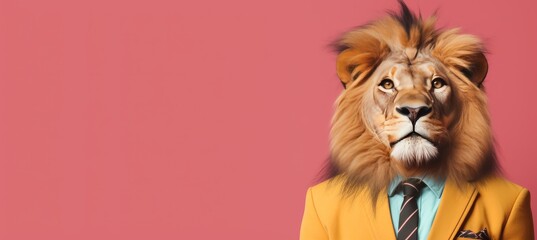Obraz premium Anthropomorphic lion in suit working in office, studio shot with copy space, animal concept