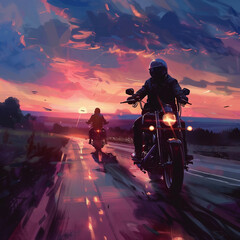 Motorcyclists on the road at sunset. Retro style illustration.