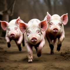 A domestic pig. The theme of pets on the farm. A piglet in the village. Livestock breeding in rural areas. Pink piglets.