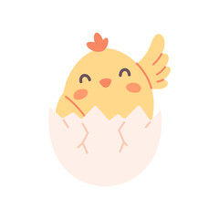 Cute chick in egg shell. Easter chick, springtime. Farm animal. Vector illustration in flat style