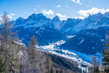 Winter landscape with snow covered Dolomites in Kronplatz, Italy