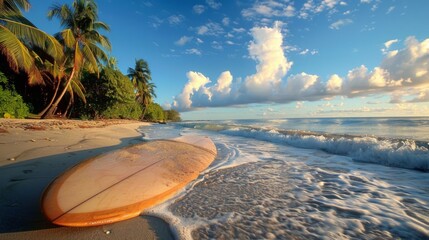 A surfboard laying on the sand of a beach