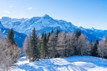 Winter landscape with snow covered Dolomites in Kronplatz, Italy