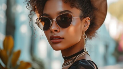 Fototapeta na wymiar Fashion-Forward African Young Woman in Sunglasses Posing on Urban Street