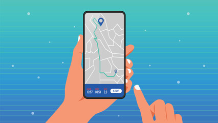 Map GPS navigation Smartphone map application and red pinpoint on screen App search map navigation on line maps background Vector