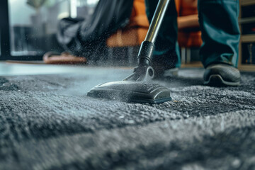 Professional cleaner washing a carpet with vacuum cleaner indoors. Generative AI - obrazy, fototapety, plakaty
