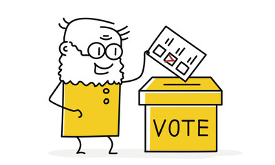 Old man putting election ballot into box on voting station.