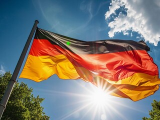 German Flag Soaring Against Blue Sky - obrazy, fototapety, plakaty