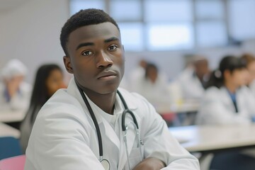 African American student in medical university classroom