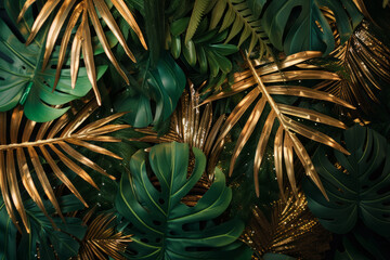 Fototapeta premium Tropical palm leaves and gold glitter background. Generative AI