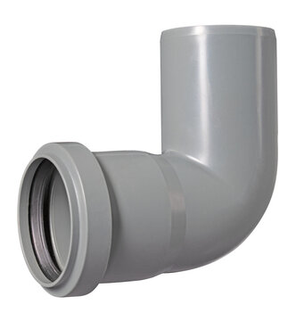 An elbow-shaped plastic pipe used in household water supply systems. Isolated background.