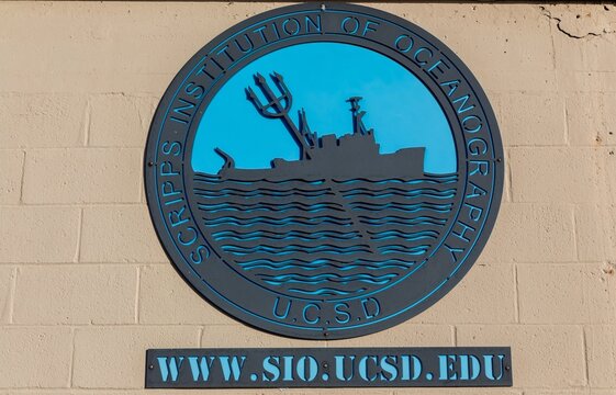 San Diego, California, USA - February 8, 2024: UCSD University Of California San Diego Logo on Scripps Institute of Oceanography Wall at La Jolla Shores Marine Research Building