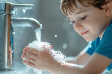 beautiful little boy washing his hands