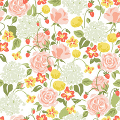 Vector Seamless Floral pattern in Pastel Colors with Roses, Hydrangeas and Strawberries