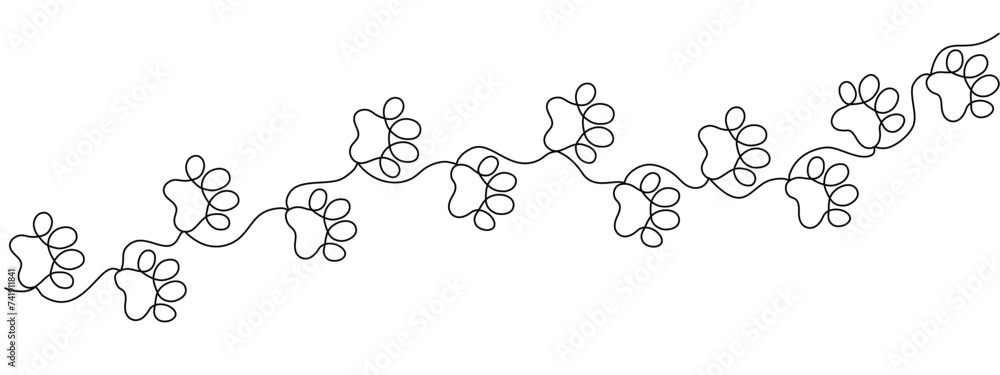 Poster cat or dog paw print design, continuous line pattern . diagonal paw prints. animal footprints drawin