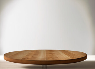 Empty beautiful round wood table top counter on interior in clean and bright with shadow background, Ready, white background, for product montage