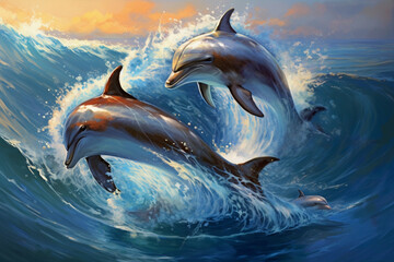 dolphin in the water - obrazy, fototapety, plakaty