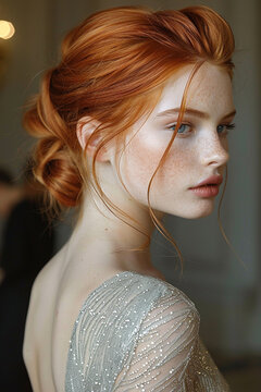 a womans hairstyle on a high school woman of european appearance with blone hair in a prom dress, from two angles, ftont and back