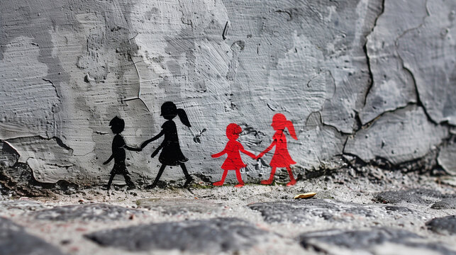 Street art of children holding hands, symbolizing unity and friendship. Great for social campaigns, educational themes, and community projects