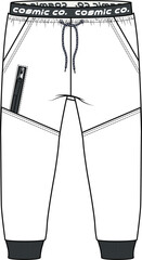 Sweat Pants Flat Sketch: Fashion Design Template with Vector Drawing. Boys' Fashion Pants Design Technical Sketch.