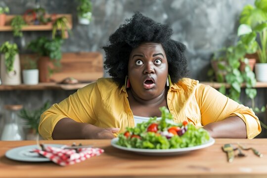 fat african woman with a surprised expression in front of the plate of salad